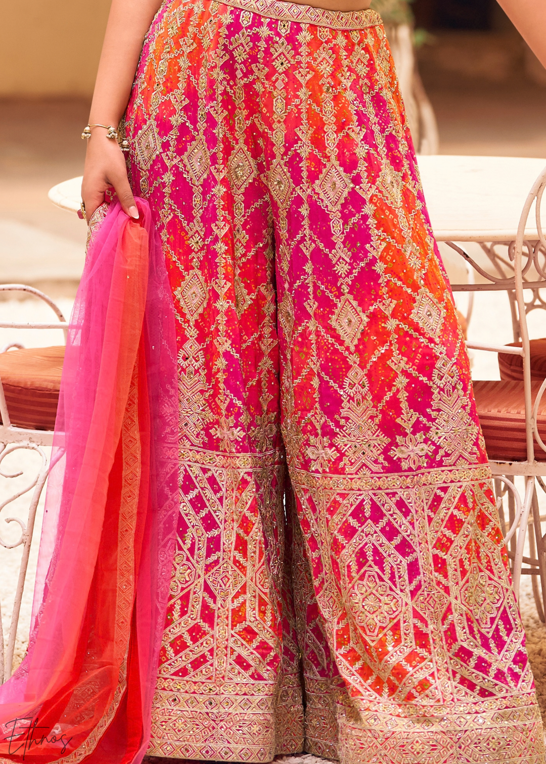 Magenta Chevron Lattice Chinon Silk Crop Top Palazzo Set