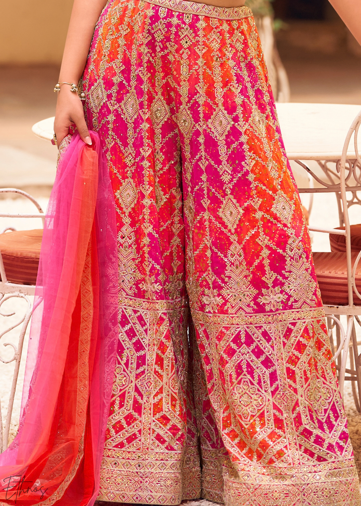 Magenta Chevron Lattice Chinon Silk Crop Top Palazzo Set