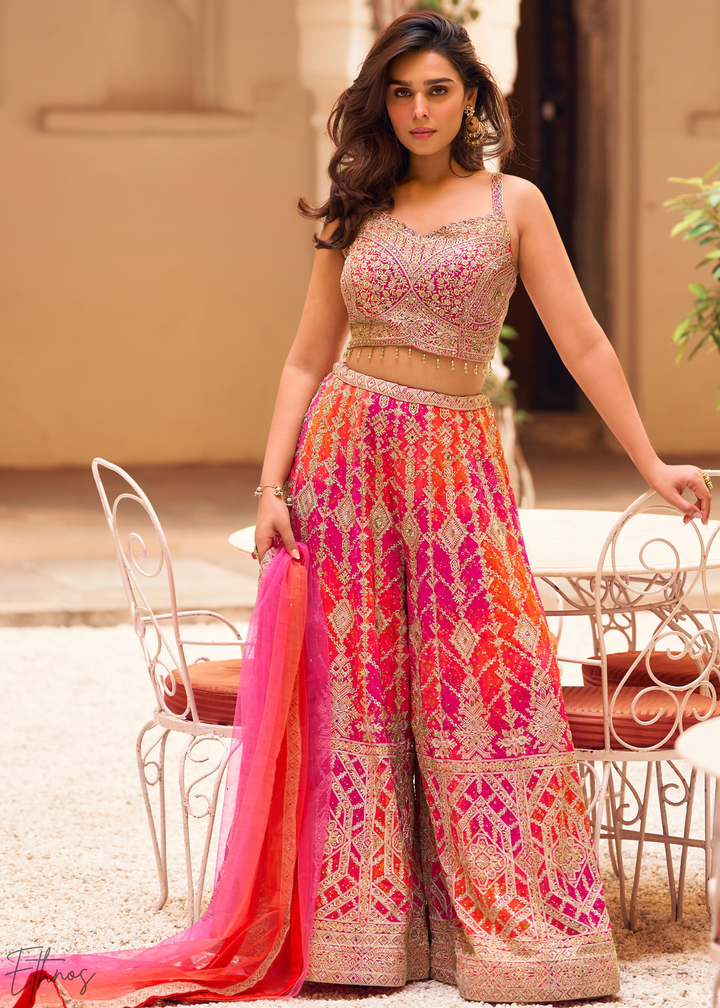 Magenta Chevron Lattice Chinon Silk Crop Top Palazzo Set