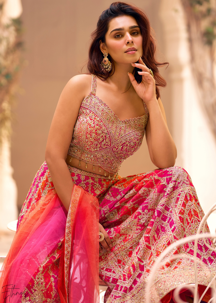Magenta Chevron Lattice Chinon Silk Crop Top Palazzo Set