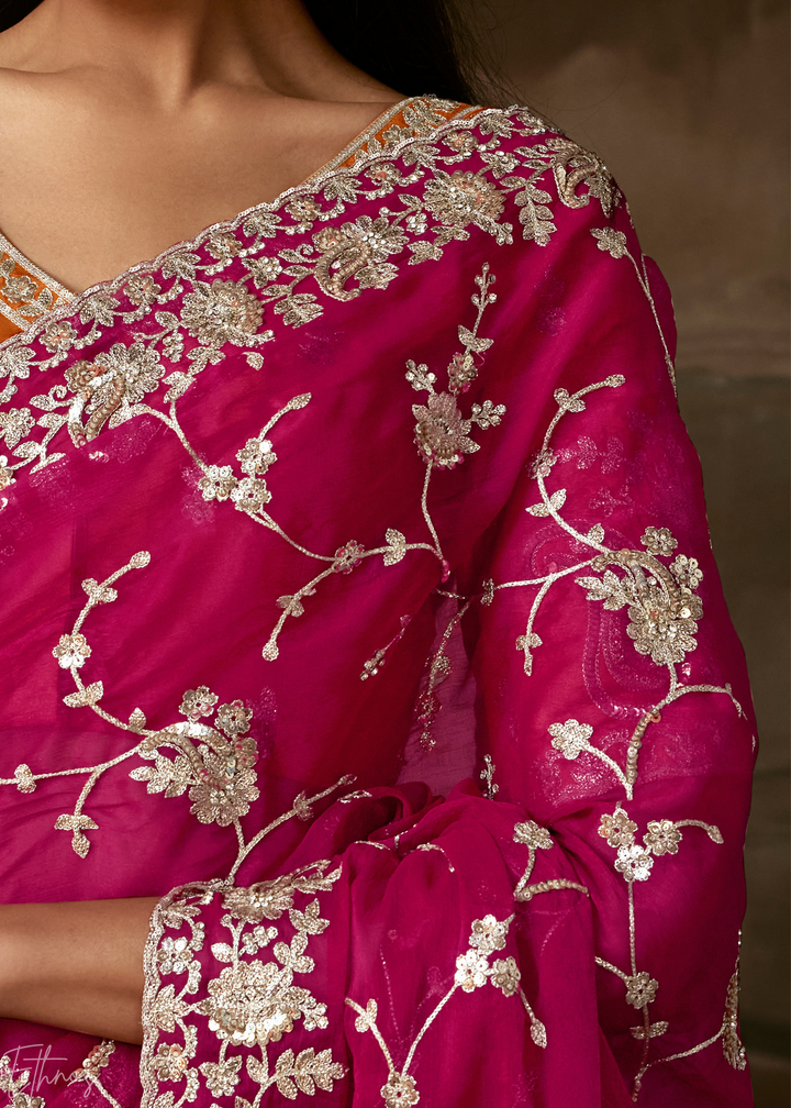 Magenta Cutwork Scallop Border Organza Saree