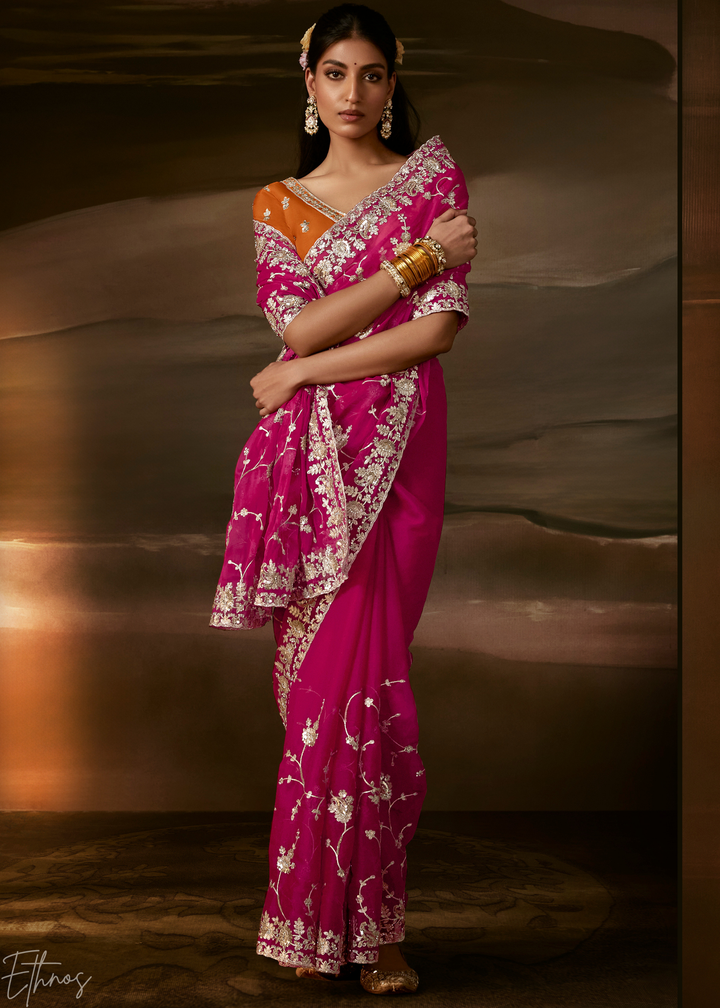 Magenta Cutwork Scallop Border Organza Saree