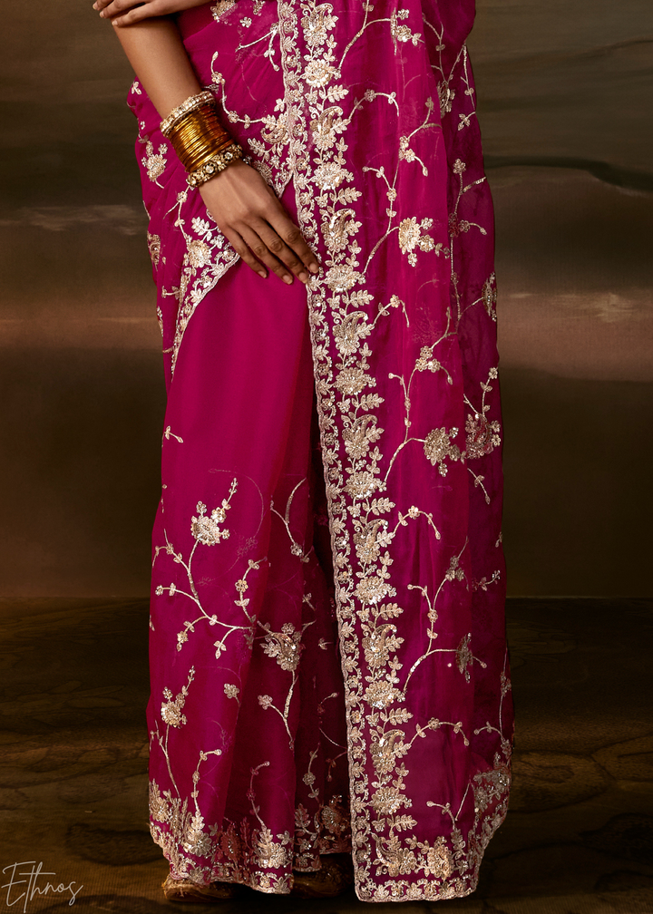 Magenta Cutwork Scallop Border Organza Saree