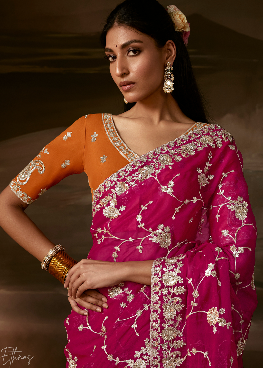Magenta Cutwork Scallop Border Organza Saree