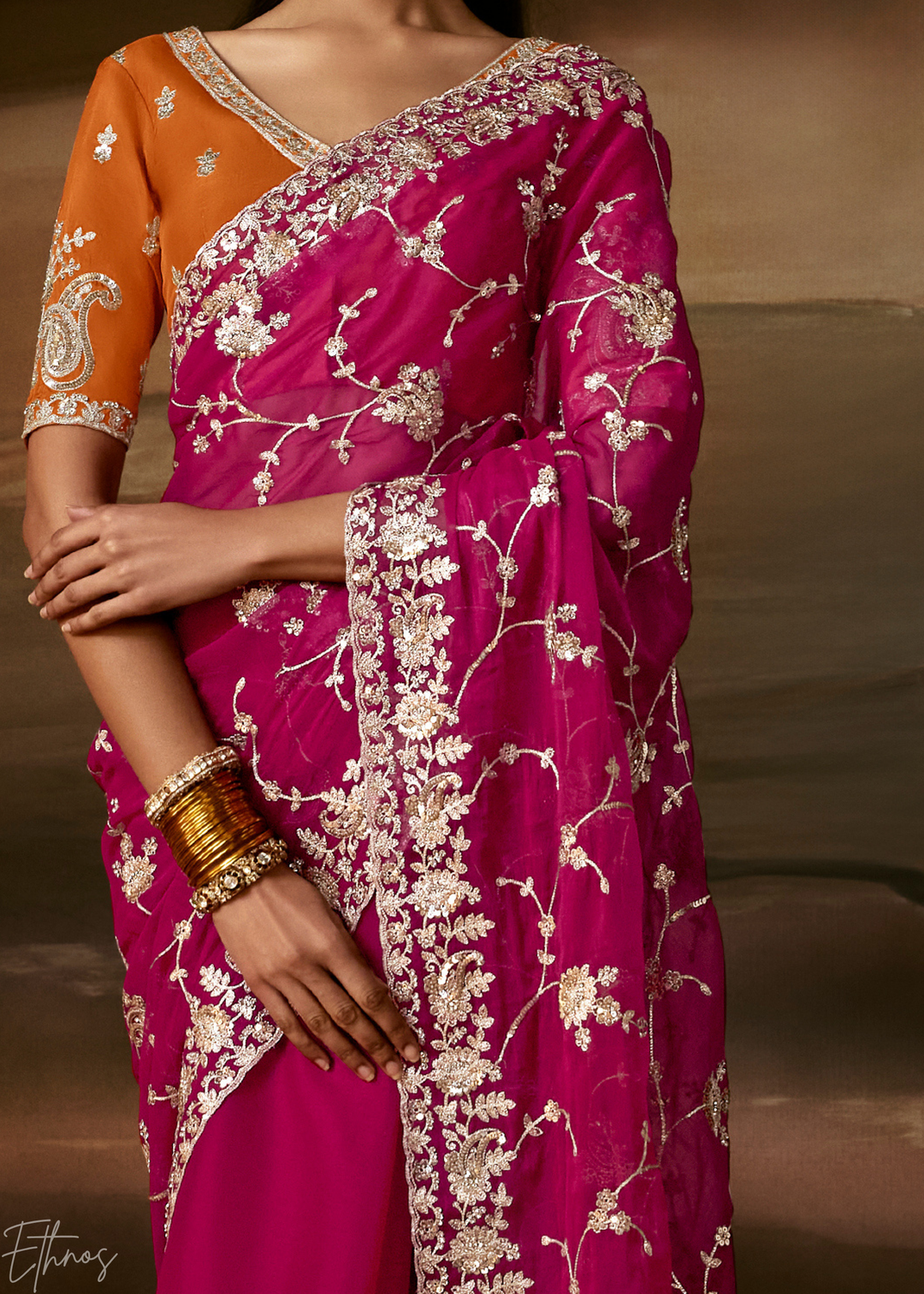 Magenta Cutwork Scallop Border Organza Saree