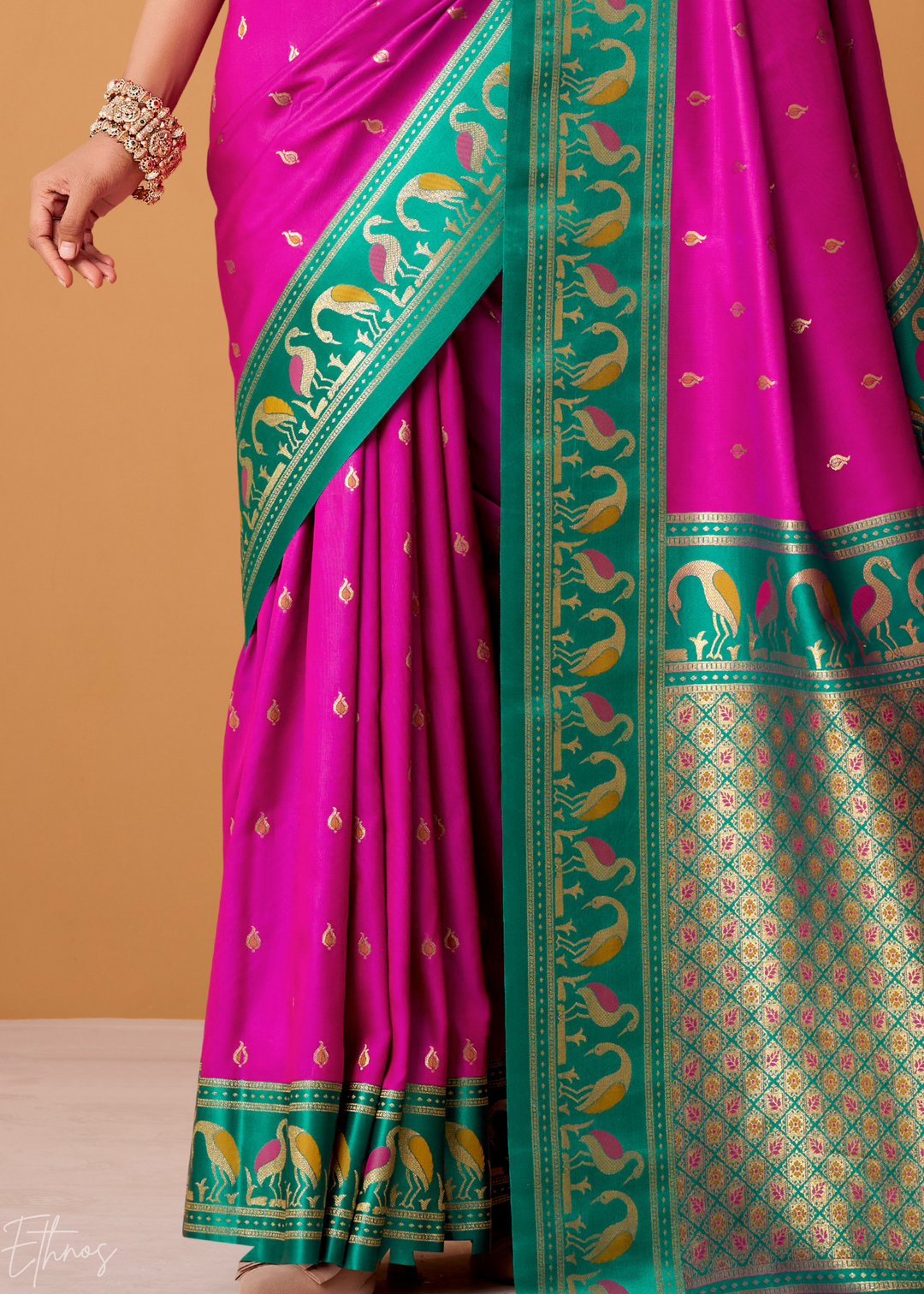 Magenta Flamingo Satin Silk Saree