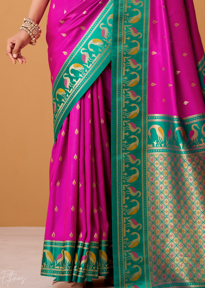 Magenta Flamingo Satin Silk Saree