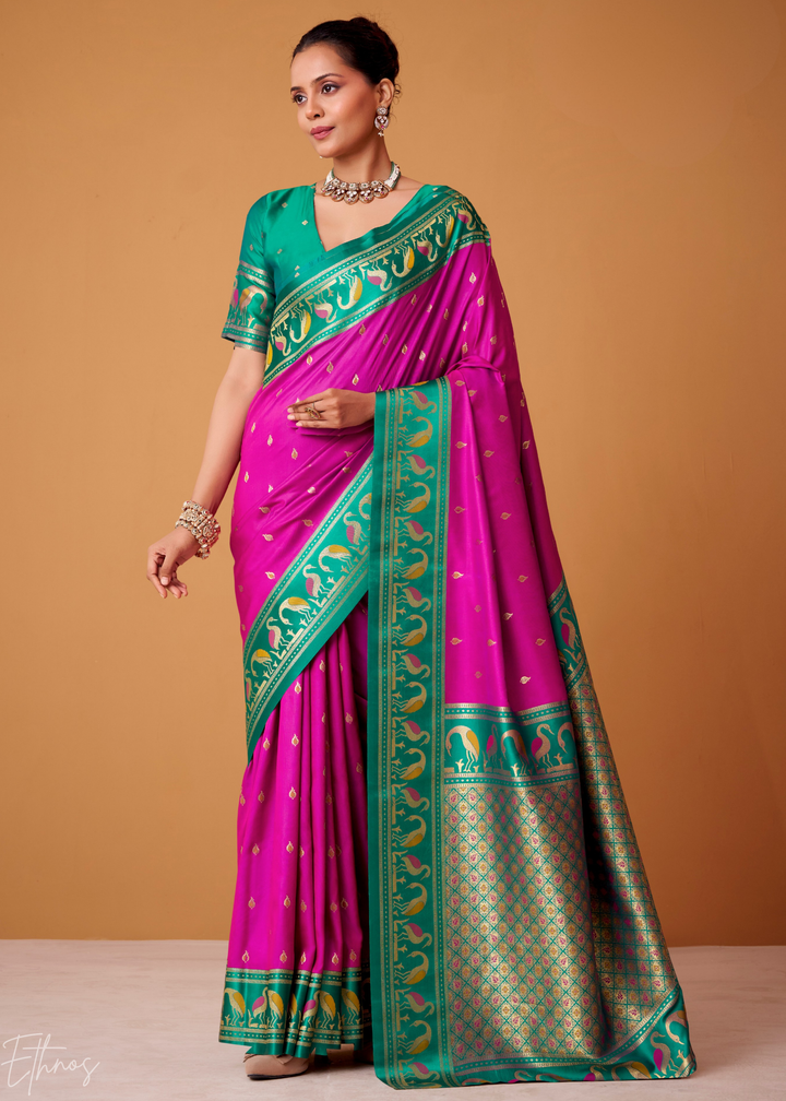 Magenta Flamingo Satin Silk Saree