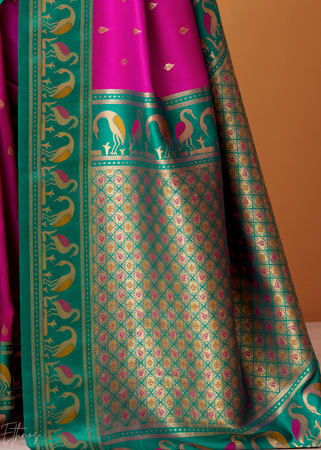 Magenta Flamingo Satin Silk Saree
