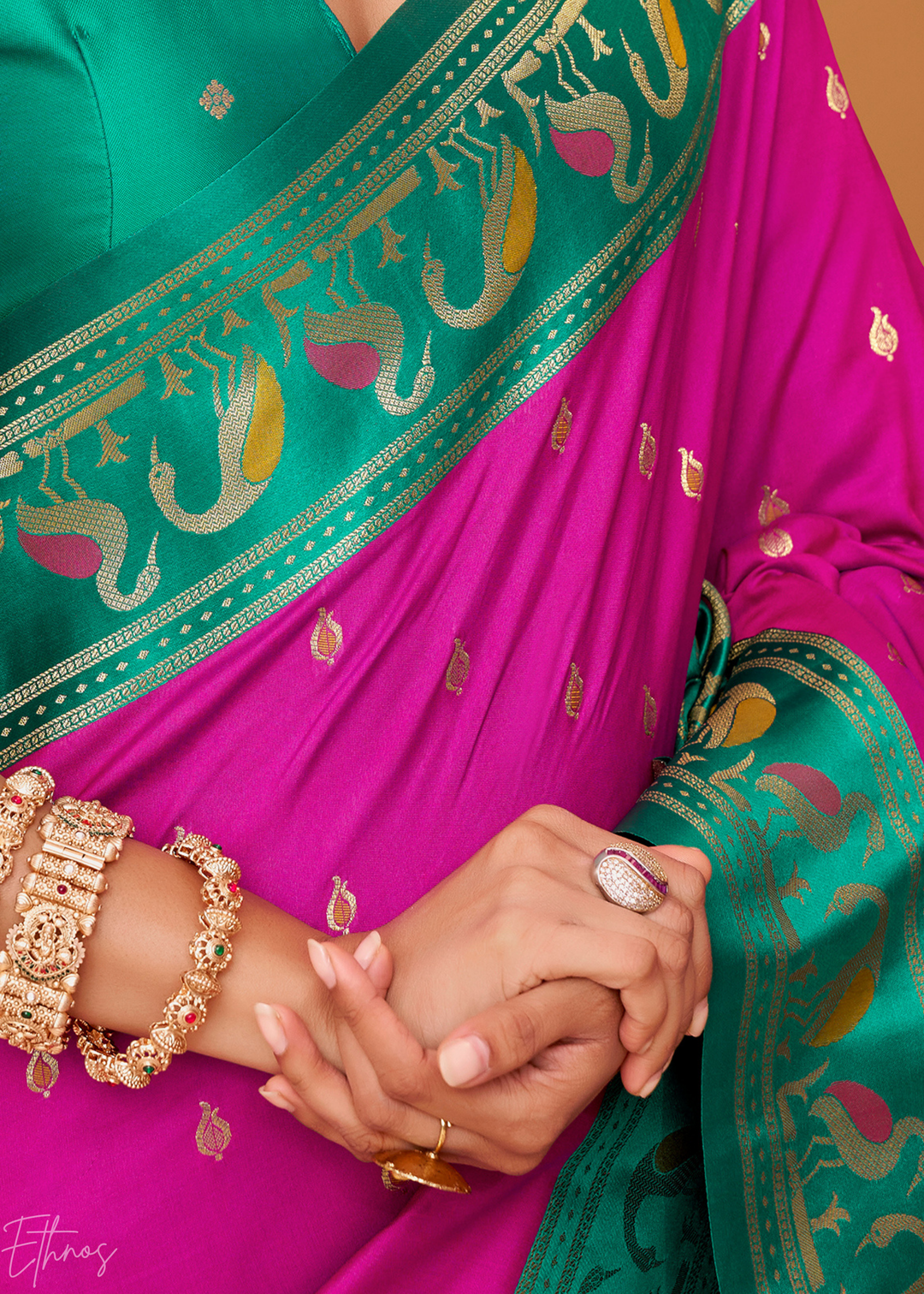 Magenta Flamingo Satin Silk Saree
