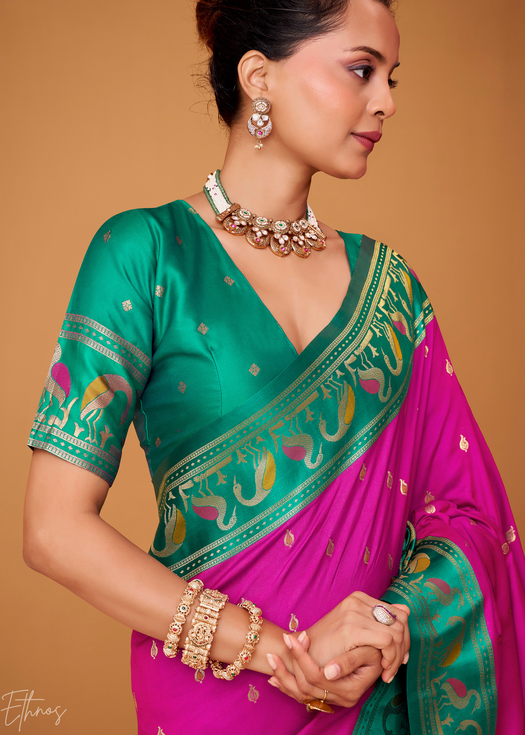 Magenta Flamingo Satin Silk Saree