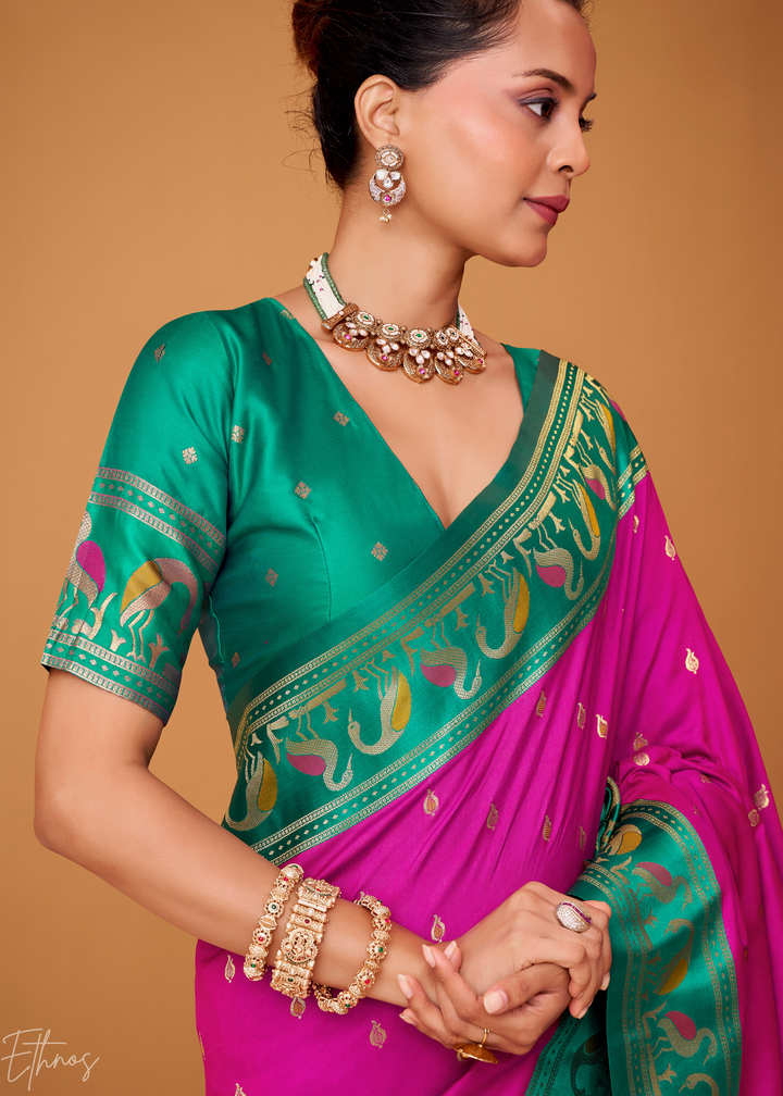 Magenta Flamingo Satin Silk Saree