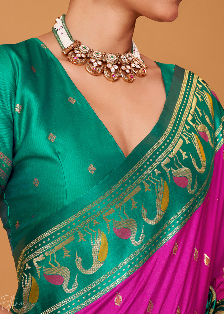 Magenta Flamingo Satin Silk Saree