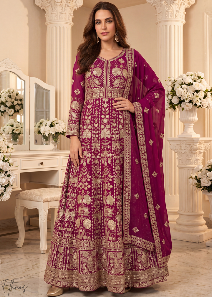 Magenta Floral-Embroidered Georgette Anarkali Gown Set