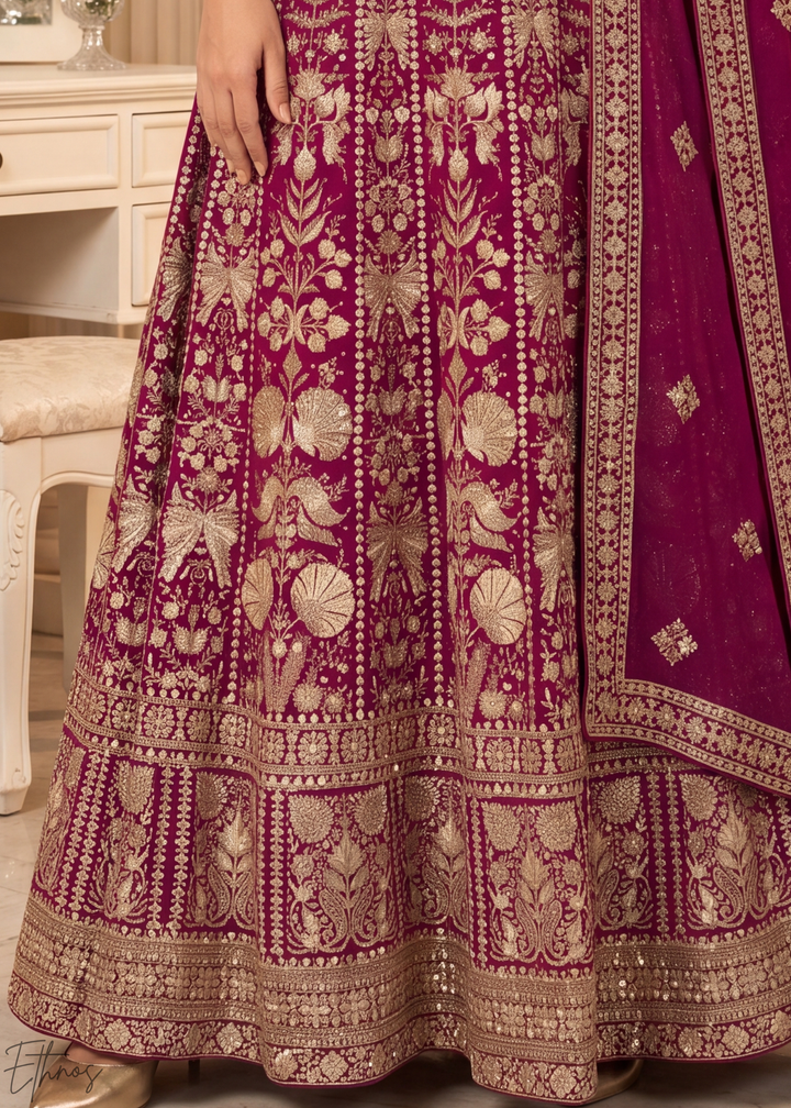 Magenta Floral-Embroidered Georgette Anarkali Gown Set
