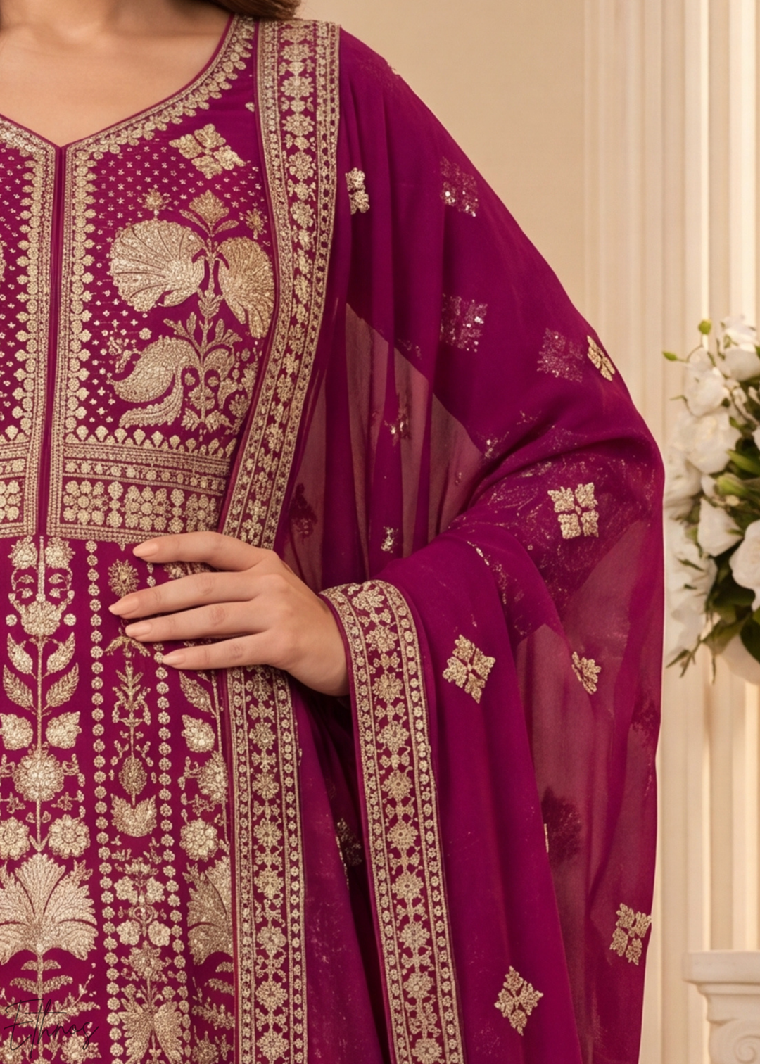 Magenta Floral-Embroidered Georgette Anarkali Gown Set