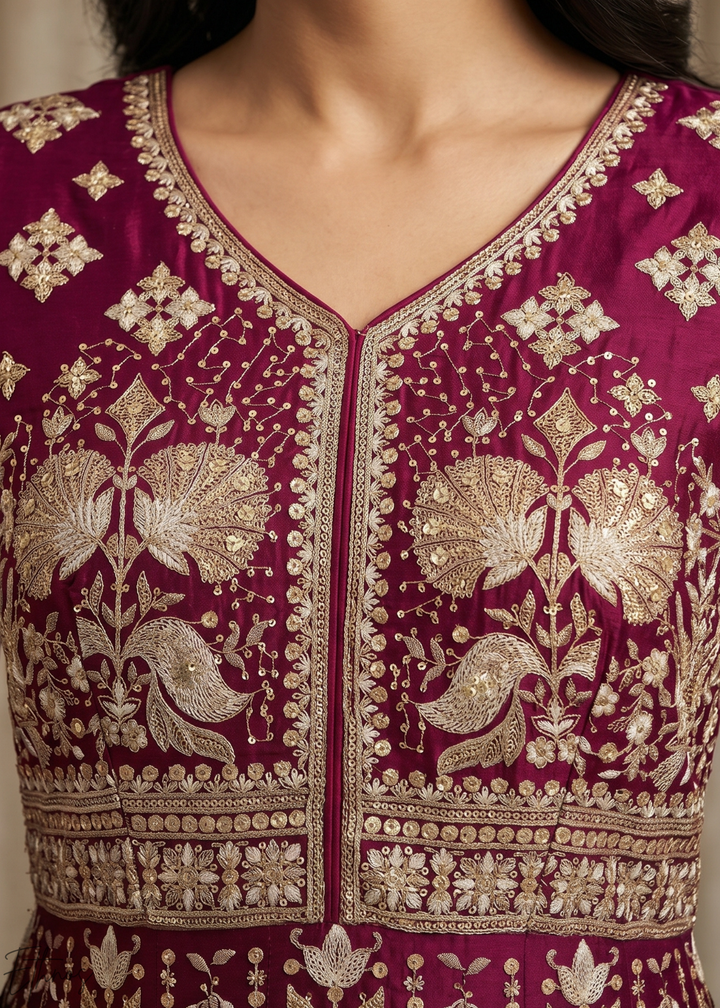 Magenta Floral-Embroidered Georgette Anarkali Gown Set