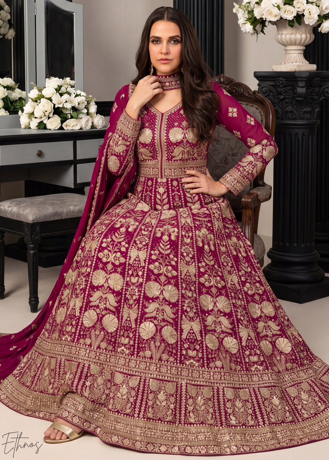 Magenta Floral-Embroidered Georgette Anarkali Gown Set