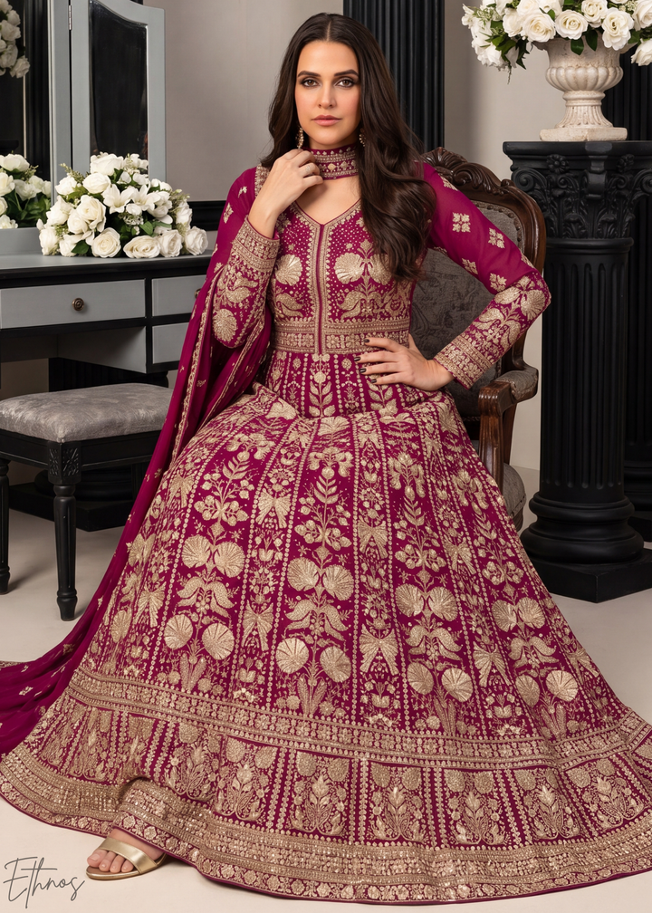 Magenta Floral-Embroidered Georgette Anarkali Gown Set