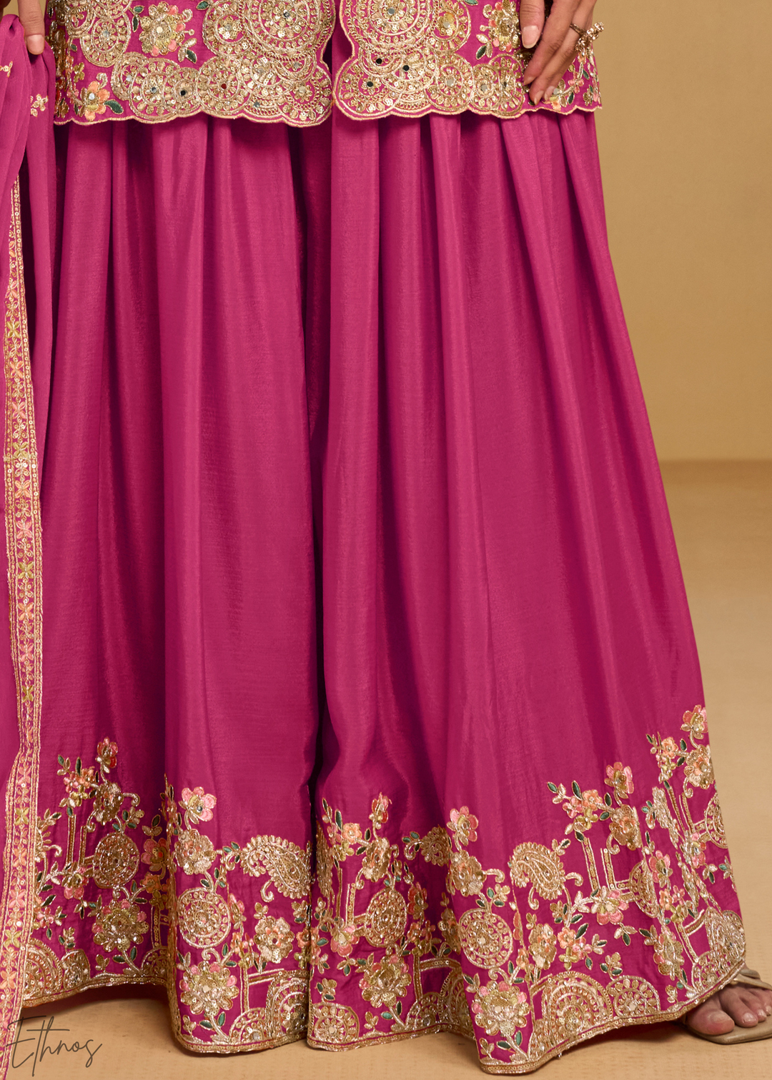Magenta Foliage Filigree Chinon Sharara Suit
