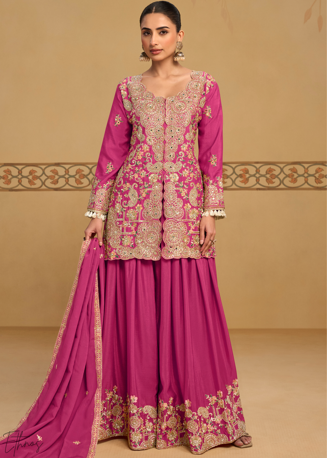 Magenta Foliage Filigree Chinon Sharara Suit