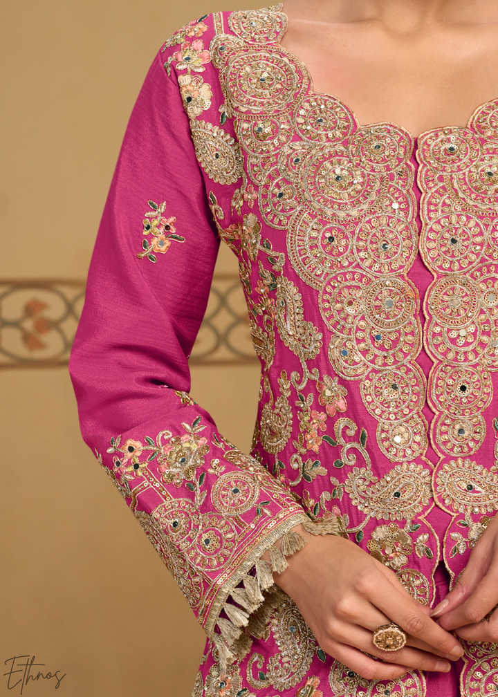 Magenta Foliage Filigree Chinon Sharara Suit