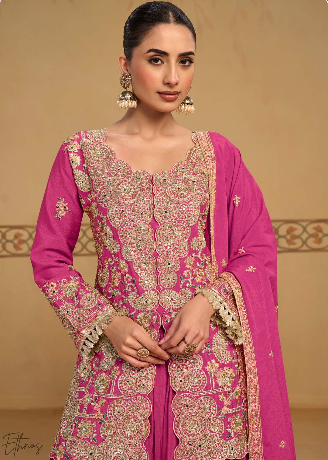Magenta Foliage Filigree Chinon Sharara Suit