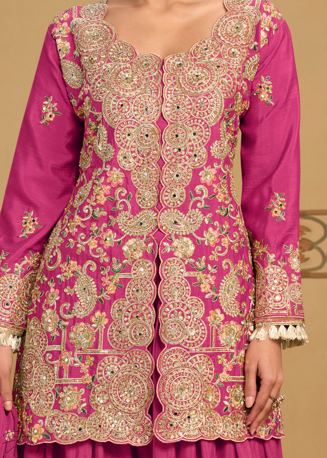 Magenta Foliage Filigree Chinon Sharara Suit