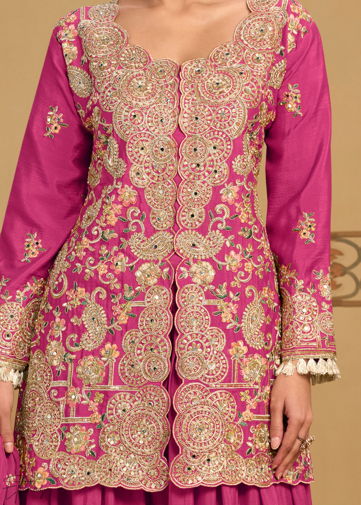 Magenta Foliage Filigree Chinon Sharara Suit