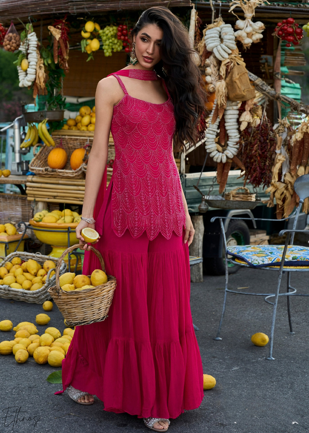 Magenta Lattice Medallion Georgette Sharara Suit