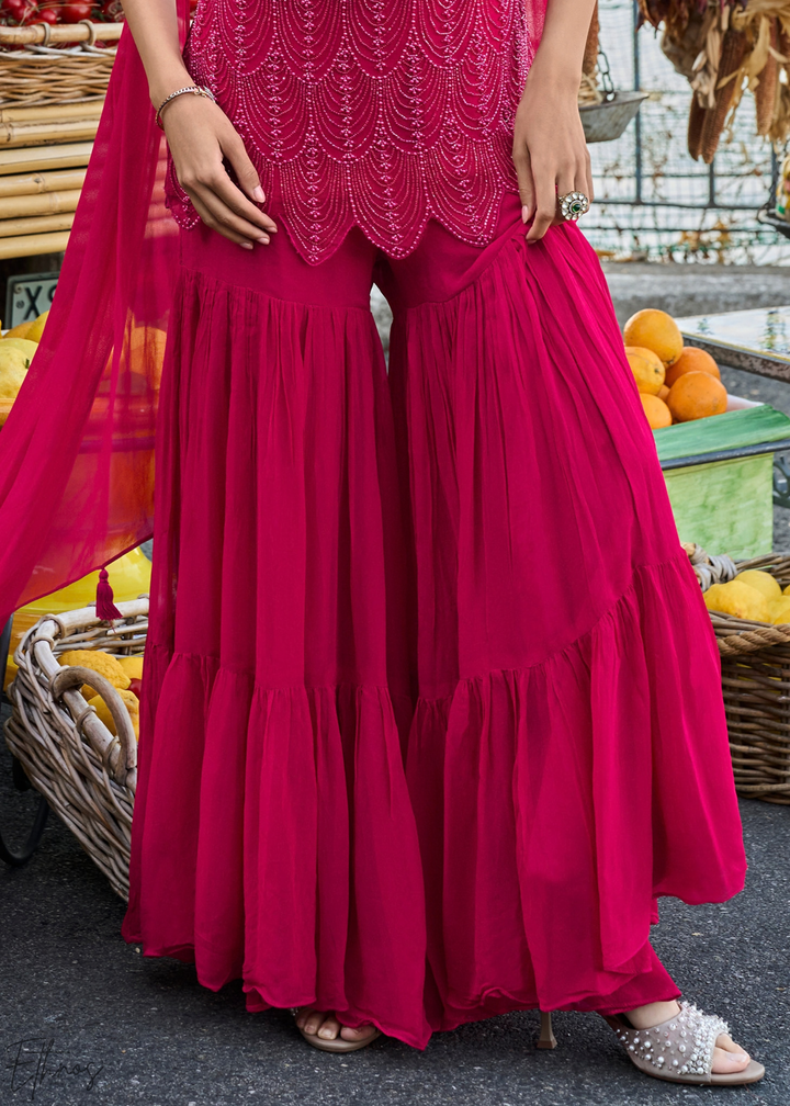 Magenta Lattice Medallion Georgette Sharara Suit