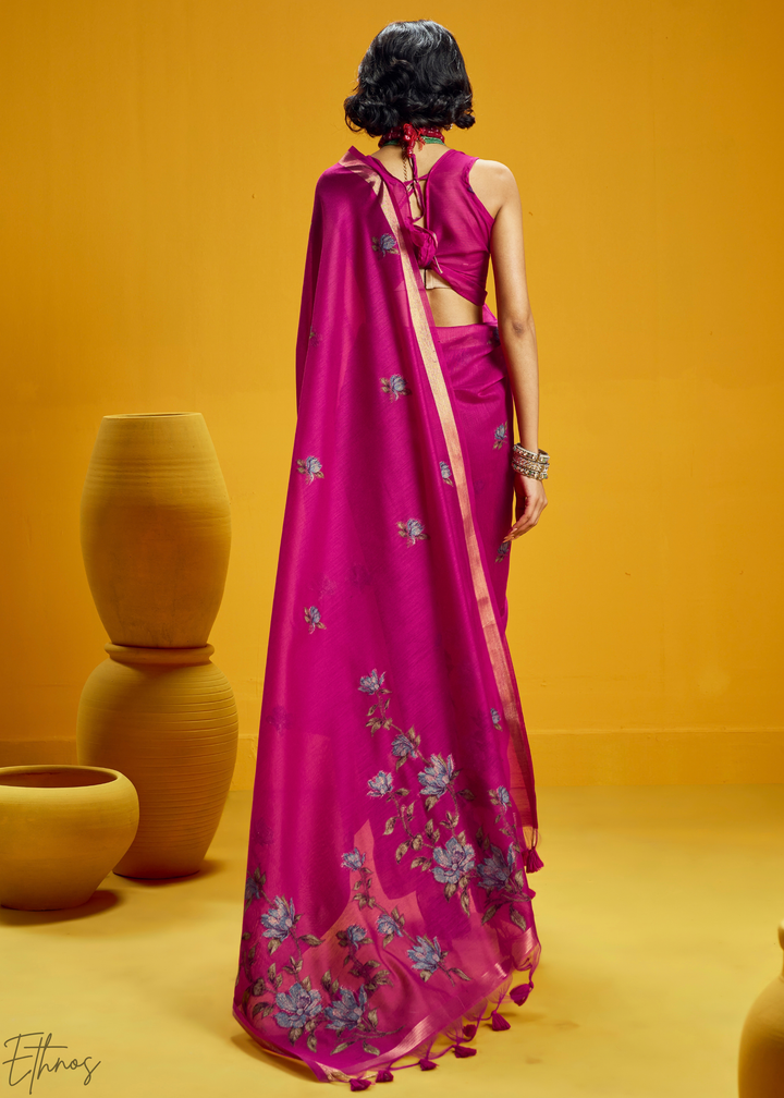 Magenta Lotus Jamdani Pallu Munga Cotton Saree