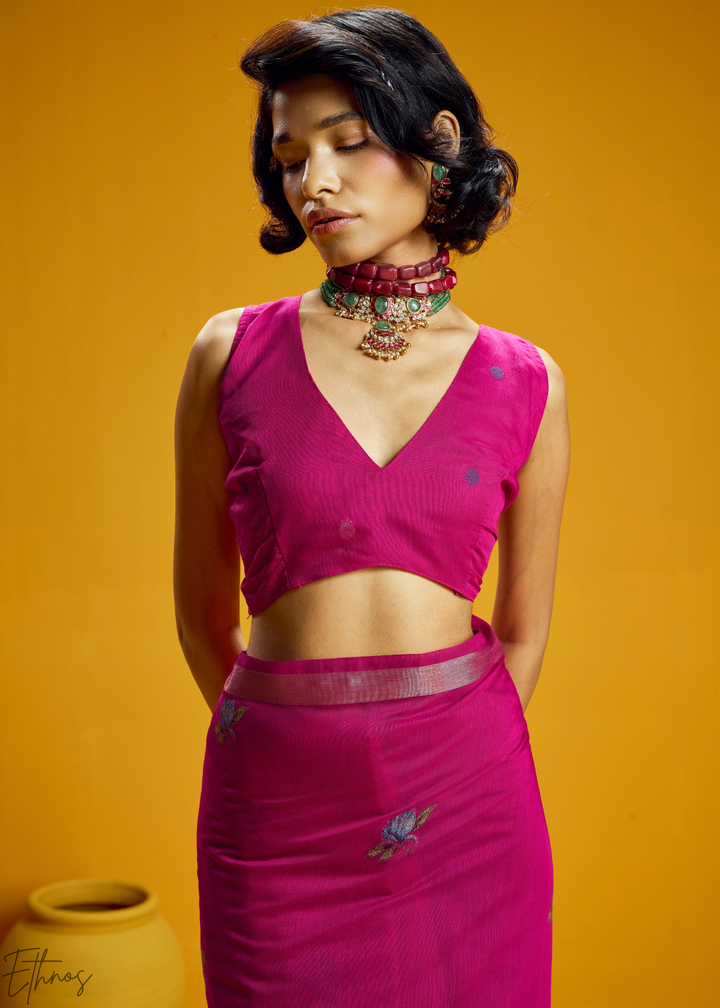 Magenta Lotus Jamdani Pallu Munga Cotton Saree