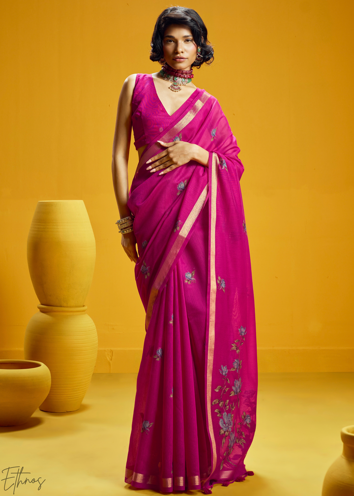 Magenta Lotus Jamdani Pallu Munga Cotton Saree