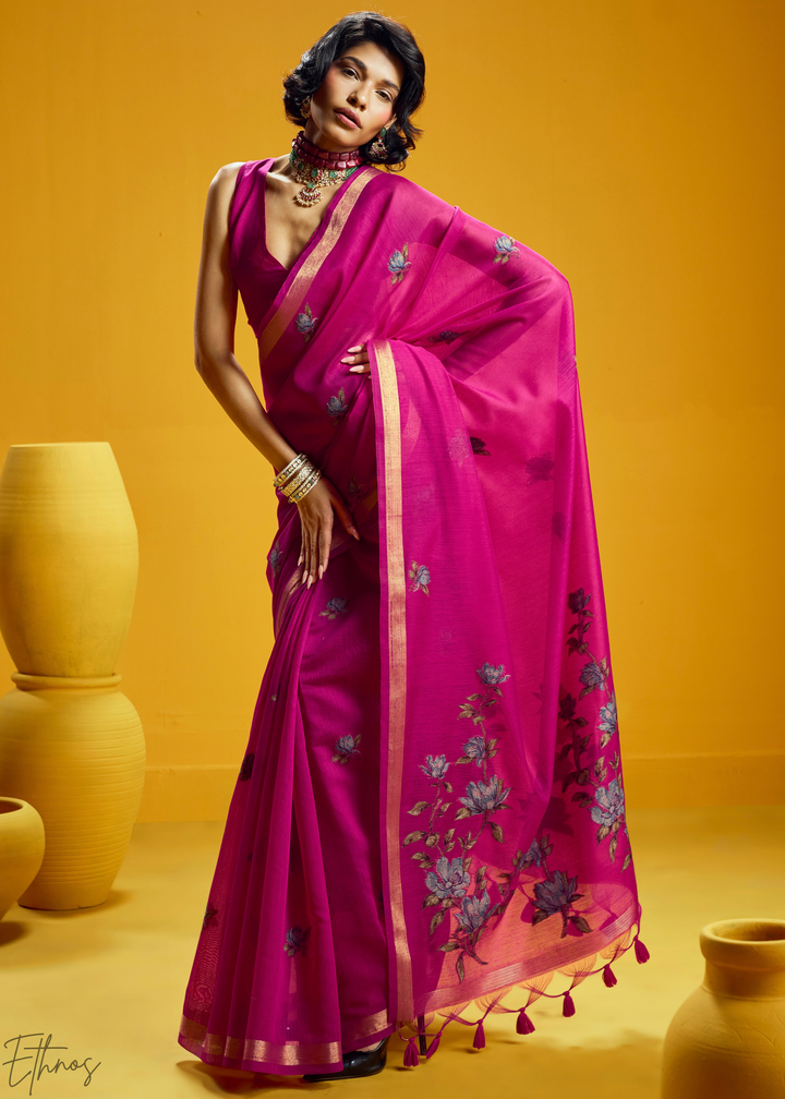 Magenta Lotus Jamdani Pallu Munga Cotton Saree