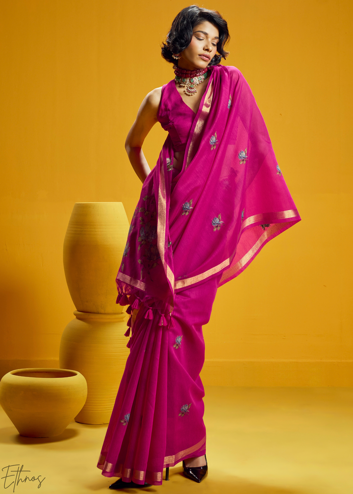 Magenta Lotus Jamdani Pallu Munga Cotton Saree