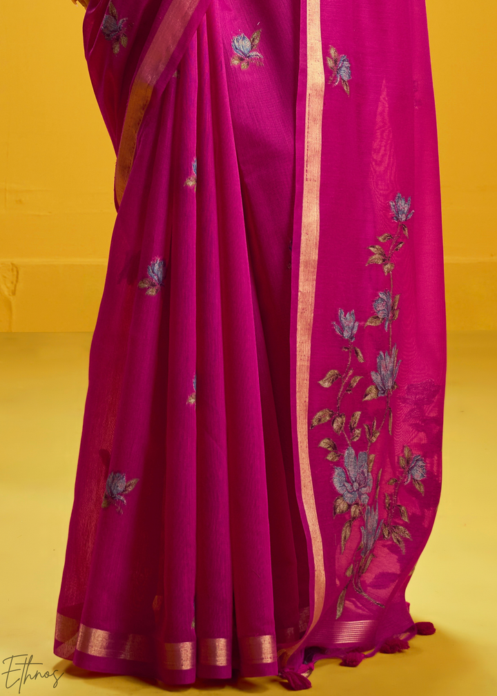 Magenta Lotus Jamdani Pallu Munga Cotton Saree