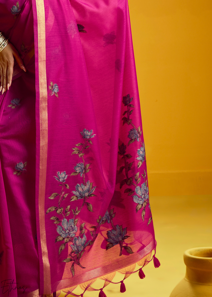 Magenta Lotus Jamdani Pallu Munga Cotton Saree