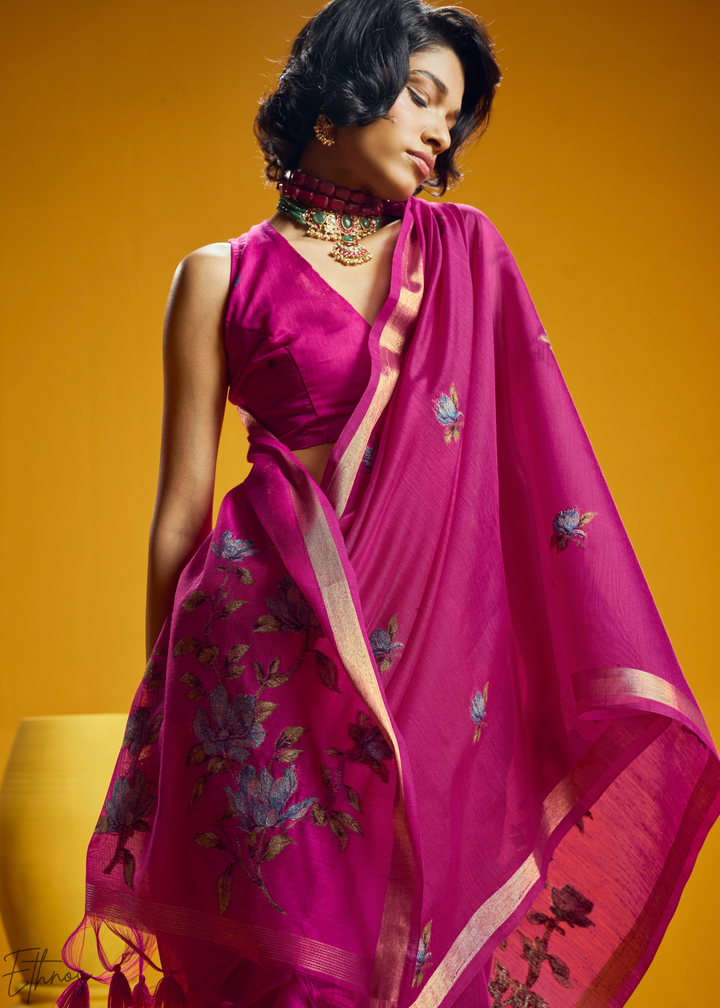 Magenta Lotus Jamdani Pallu Munga Cotton Saree
