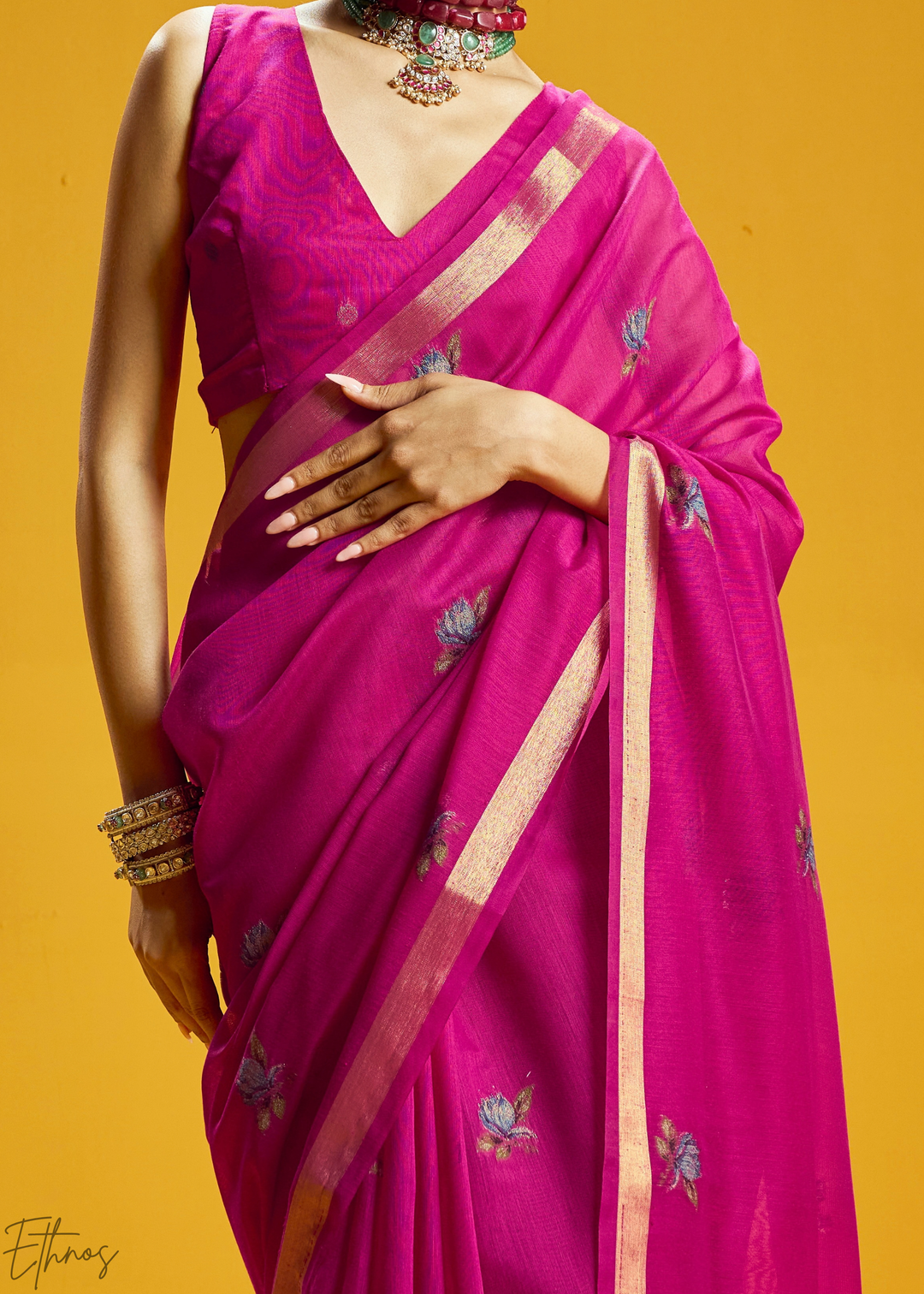 Magenta Lotus Jamdani Pallu Munga Cotton Saree