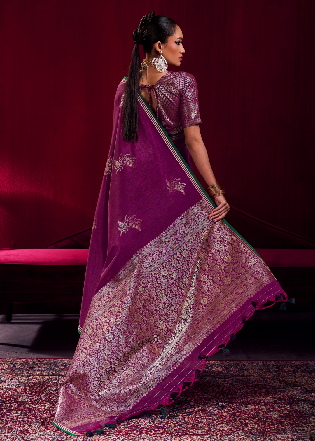Magenta Lotus Zari Satin Linen Silk Saree