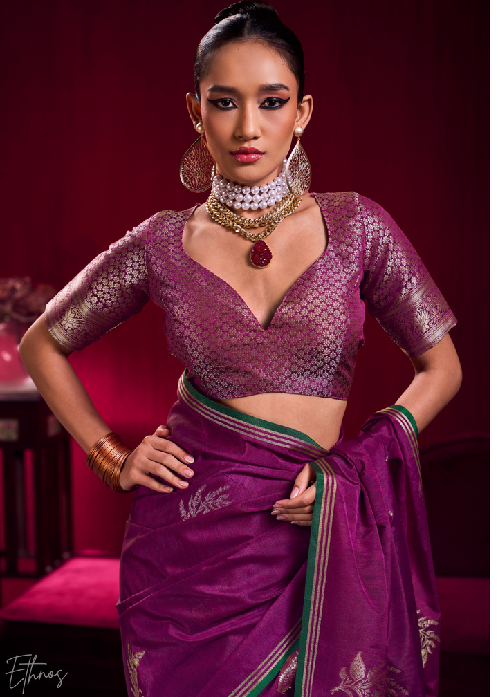 Magenta Lotus Zari Satin Linen Silk Saree
