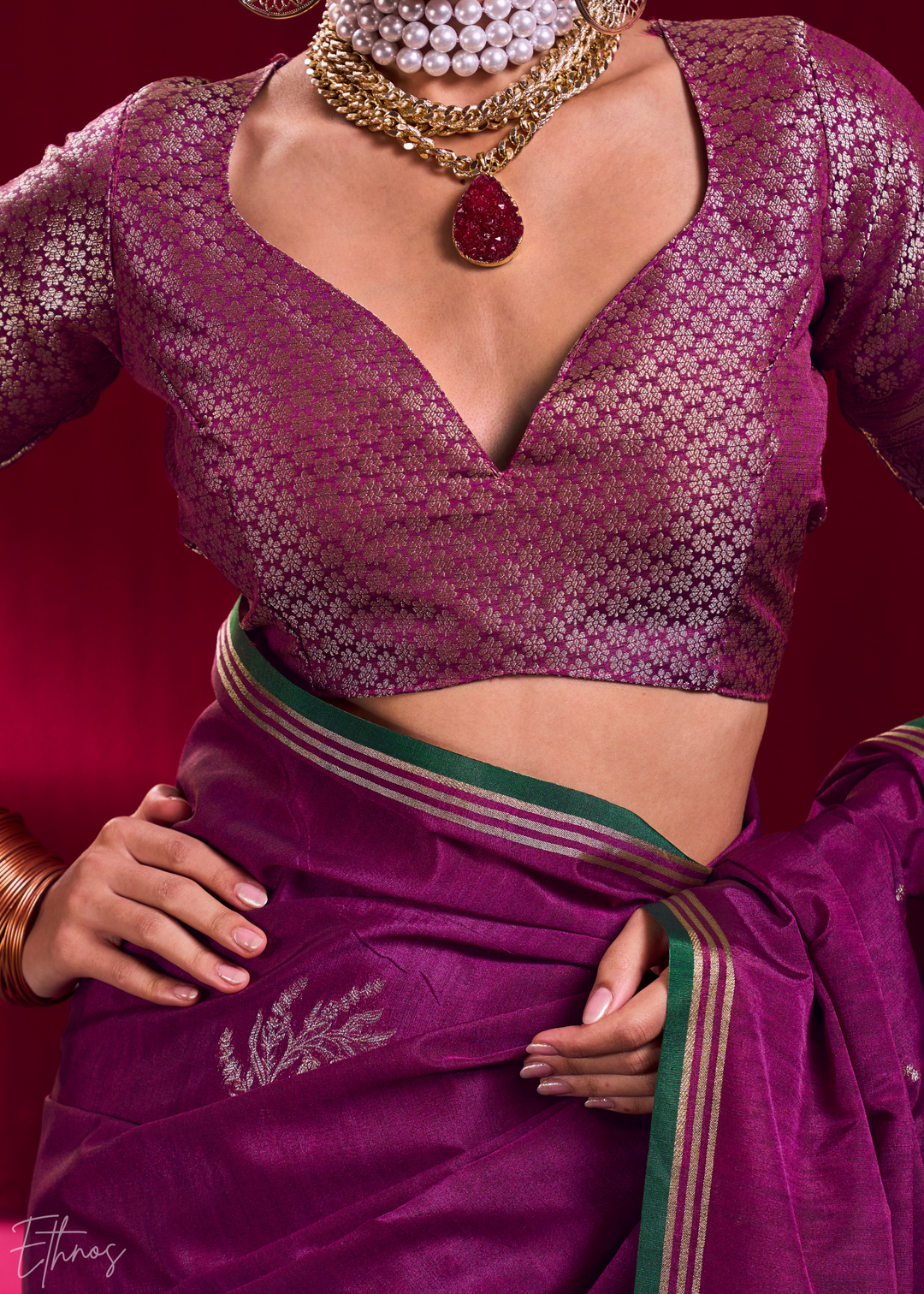 Magenta Lotus Zari Satin Linen Silk Saree