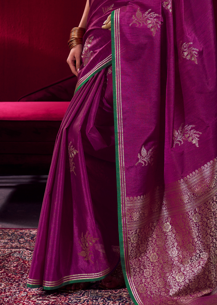 Magenta Lotus Zari Satin Linen Silk Saree