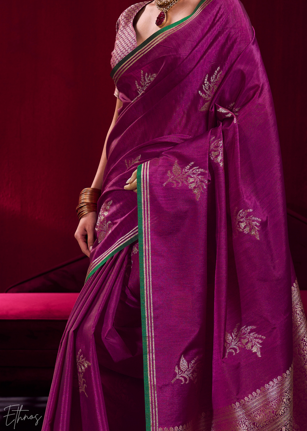 Magenta Lotus Zari Satin Linen Silk Saree