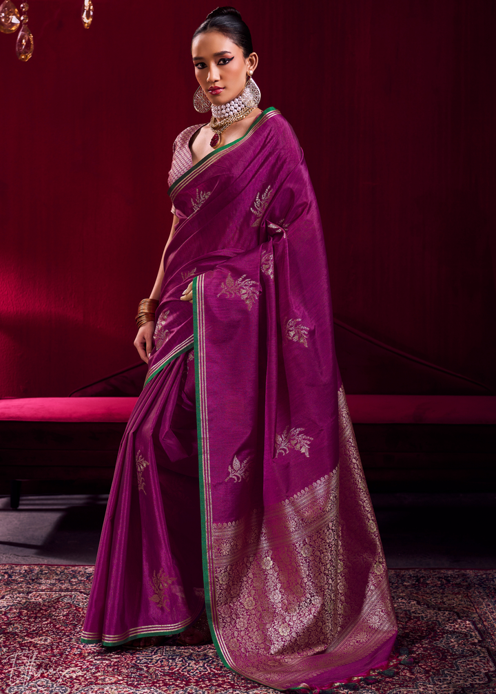 Magenta Lotus Zari Satin Linen Silk Saree