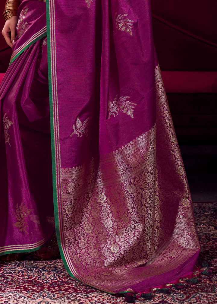 Magenta Lotus Zari Satin Linen Silk Saree
