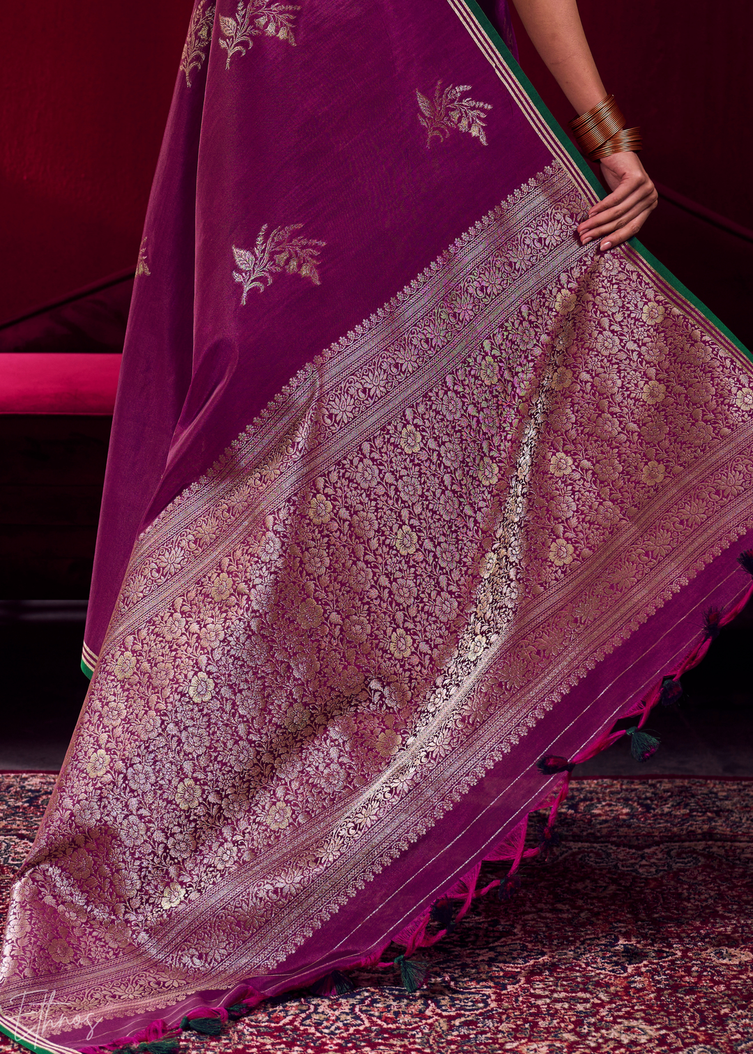 Magenta Lotus Zari Satin Linen Silk Saree