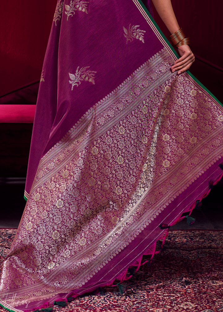 Magenta Lotus Zari Satin Linen Silk Saree