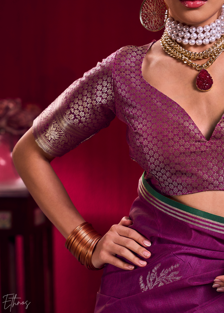 Magenta Lotus Zari Satin Linen Silk Saree